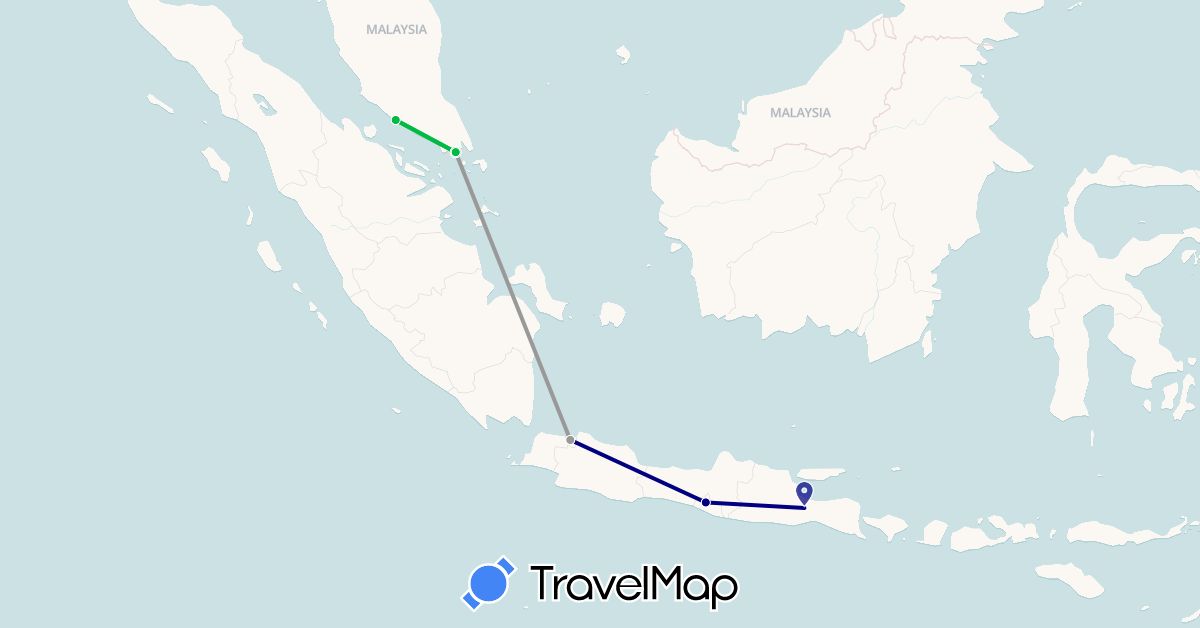 TravelMap itinerary: driving, bus, plane in Indonesia, Malaysia, Singapore (Asia)